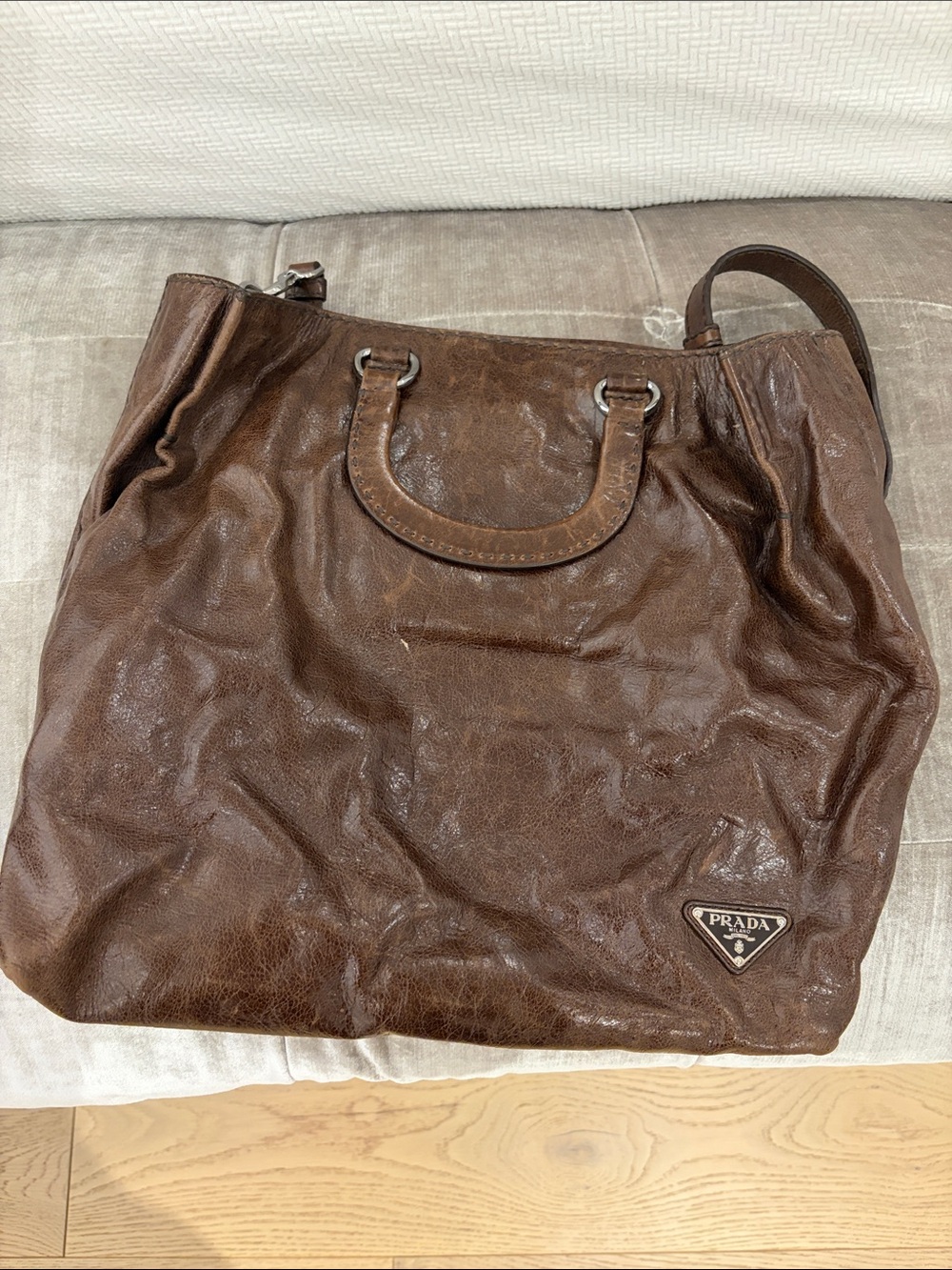 Prada Dark Brown Leather Tote with Triangular Logo